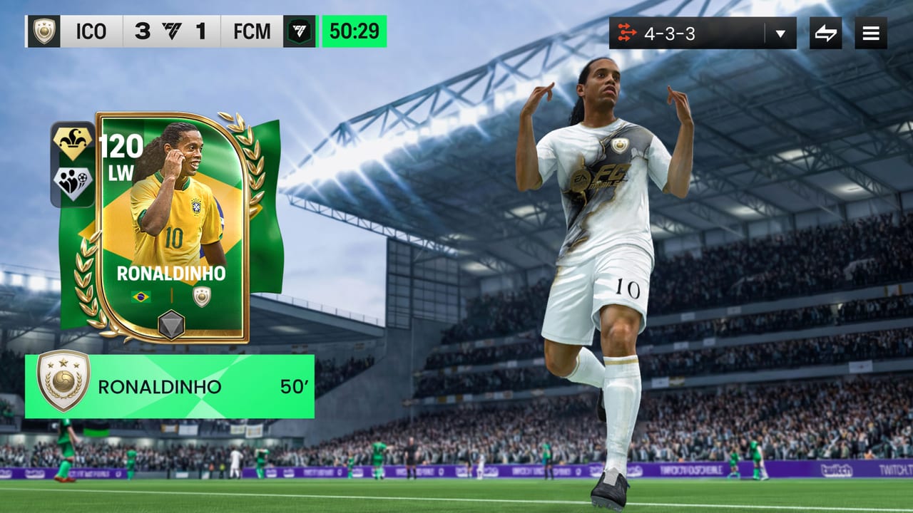 Célébration dans un match FC Mobile Limited Beta avec un item Ronaldinho 120 OVR après un but PlayStyles