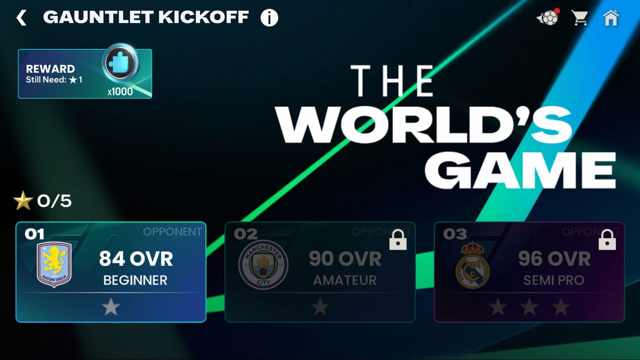Menu Gauntlet Kickoff de FC Mobile avec défis, étoiles et coffre de récompense